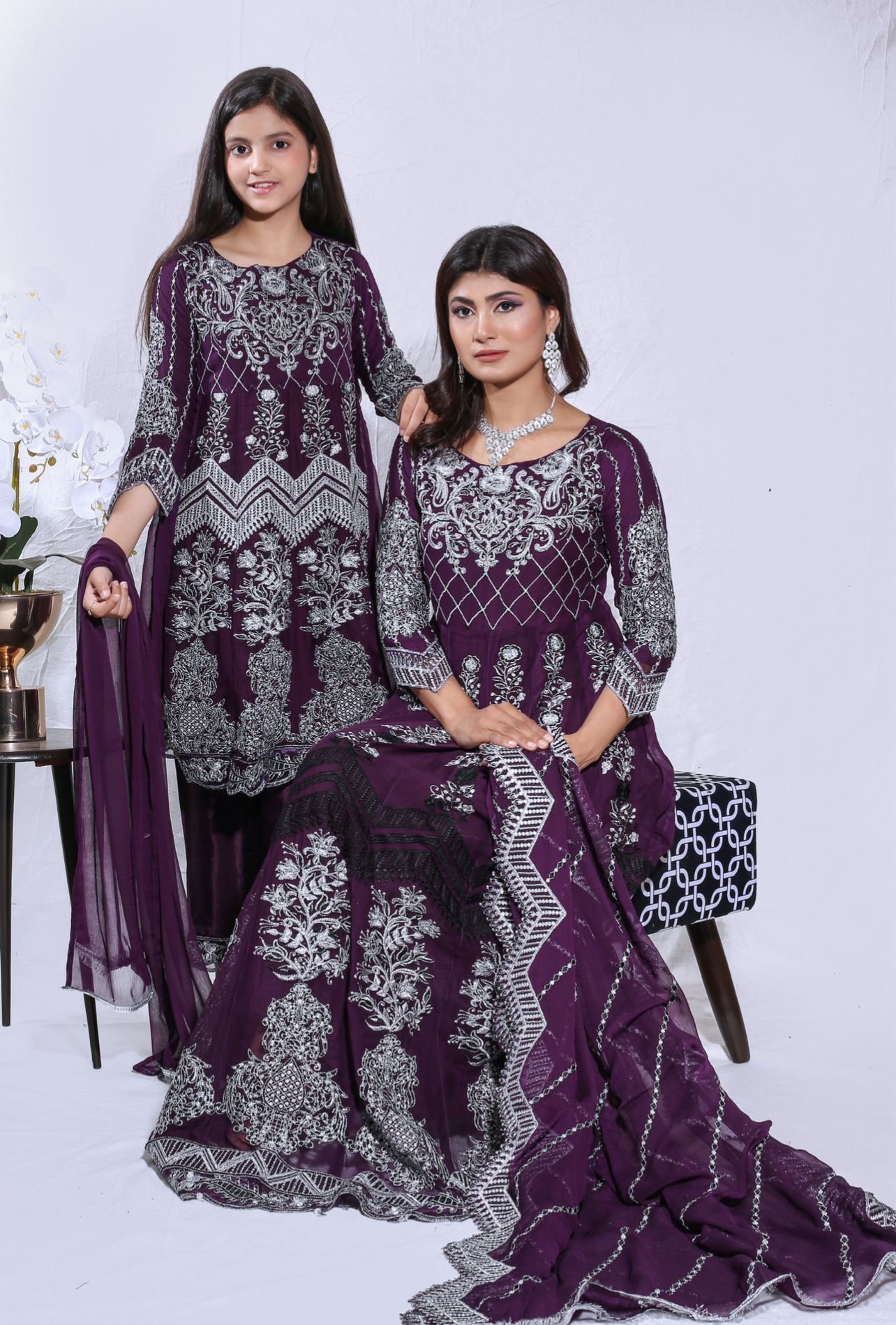 Mother & Daughter Ready to Wear Chiffon Maxi Dress PLUM D-207 | Shop Pakistani Dresses
