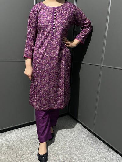 D-66 PURPLE Printed 2 Piece Winter Dhanak Suit