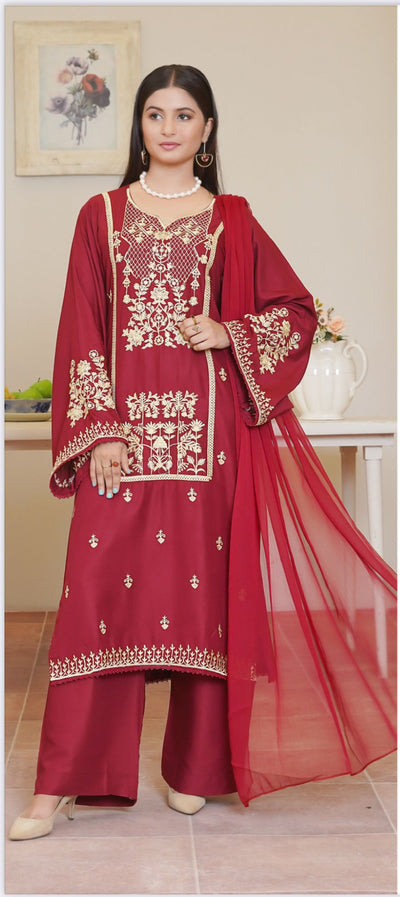 Embroidered  Linen Suit with Chiffon Dupatta - 3 Piece Set