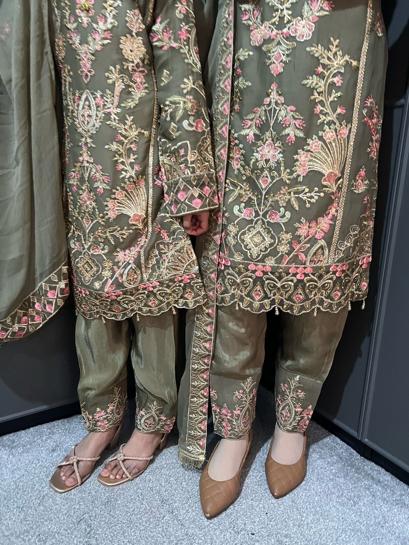 Olive Embroidered Chiffon Mother & Daughter Ready to Wear Collection - Perfect for Family Outfits