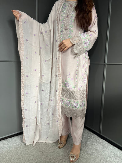Pink Nude - Viscose Embroidered Plazzo | Suit With Embroidered | Chiffon Dupatta