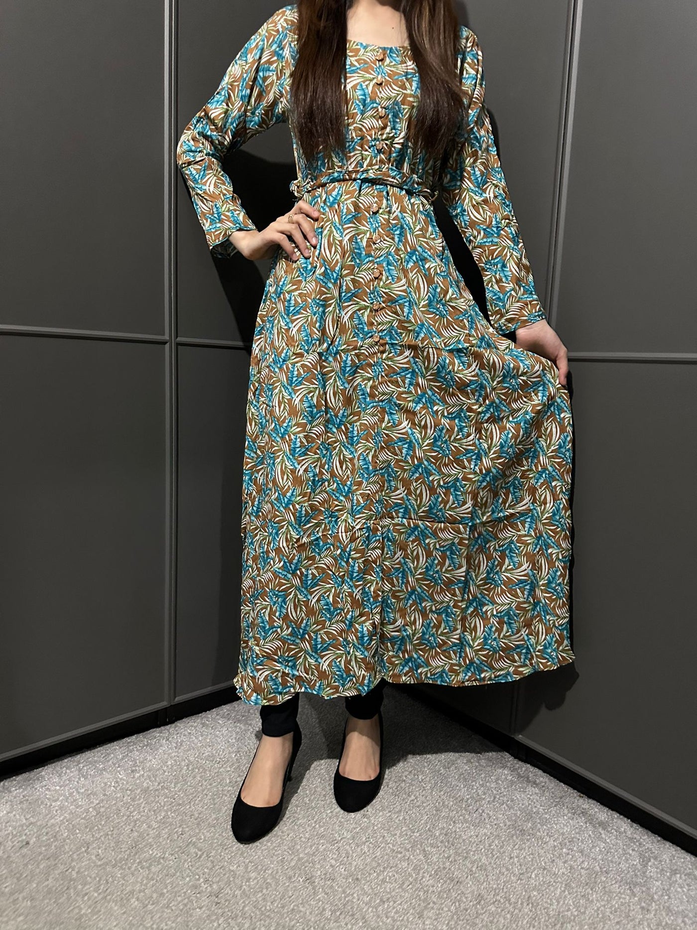 D-12 Brown&Teal Printed Long Dress in Linen Martial Fabric for Casual Wear - Womenswear