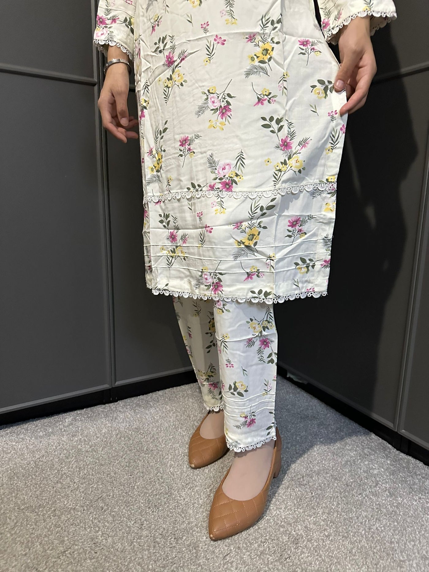 Floral Printed Stone Linen Suit - Trouser 2 Pc Set