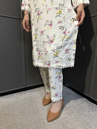 Floral Printed Stone Linen Suit - Trouser 2 Pc Set