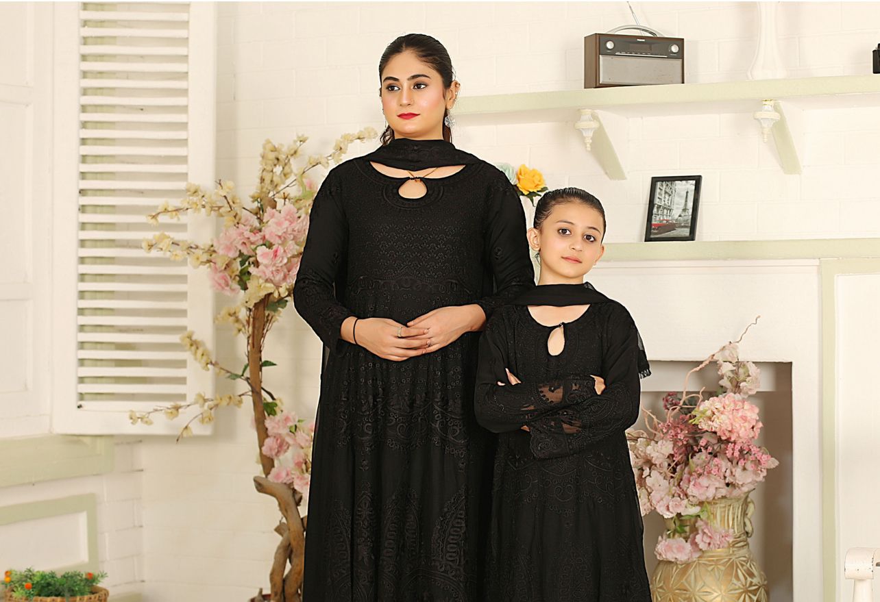 Mother & Daughter Ready to Wear Chiffon Maxi Dress Black D-306| Shop Pakistani Dresses