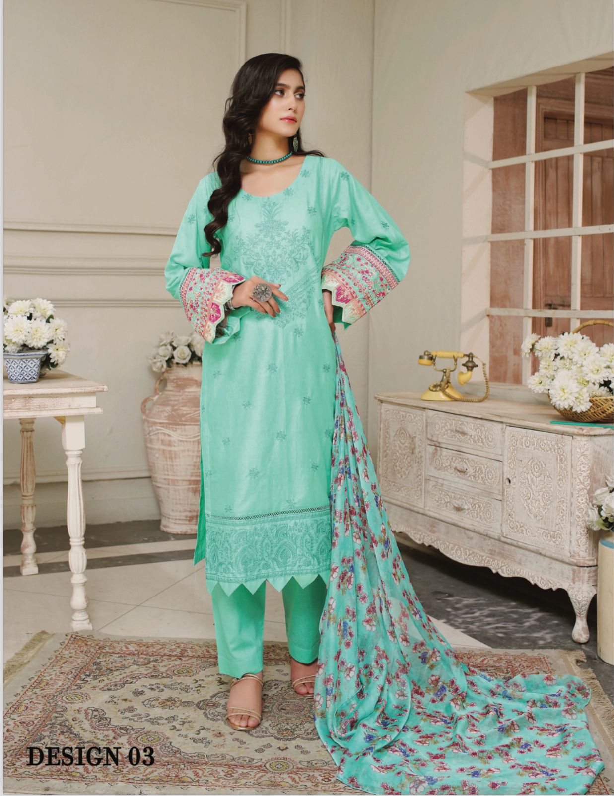 3 Piece Embroidered Lawn With Bamber Chiffon Dupatta D-03