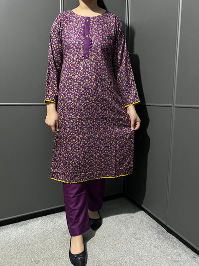 D-65 PURPLE Printed 2 Piece Winter Dhanak Suit