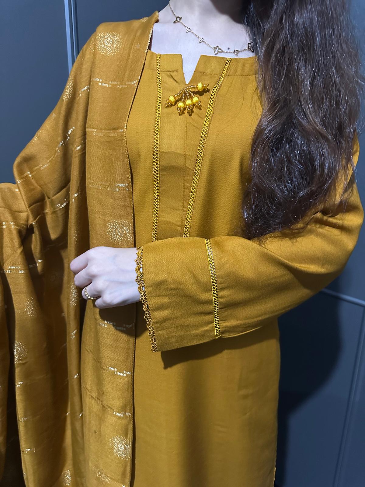 MUSTARD 3 PIECE PLAIN | DHANAK READY TO WEAR | SUIT WITH SHAWAL