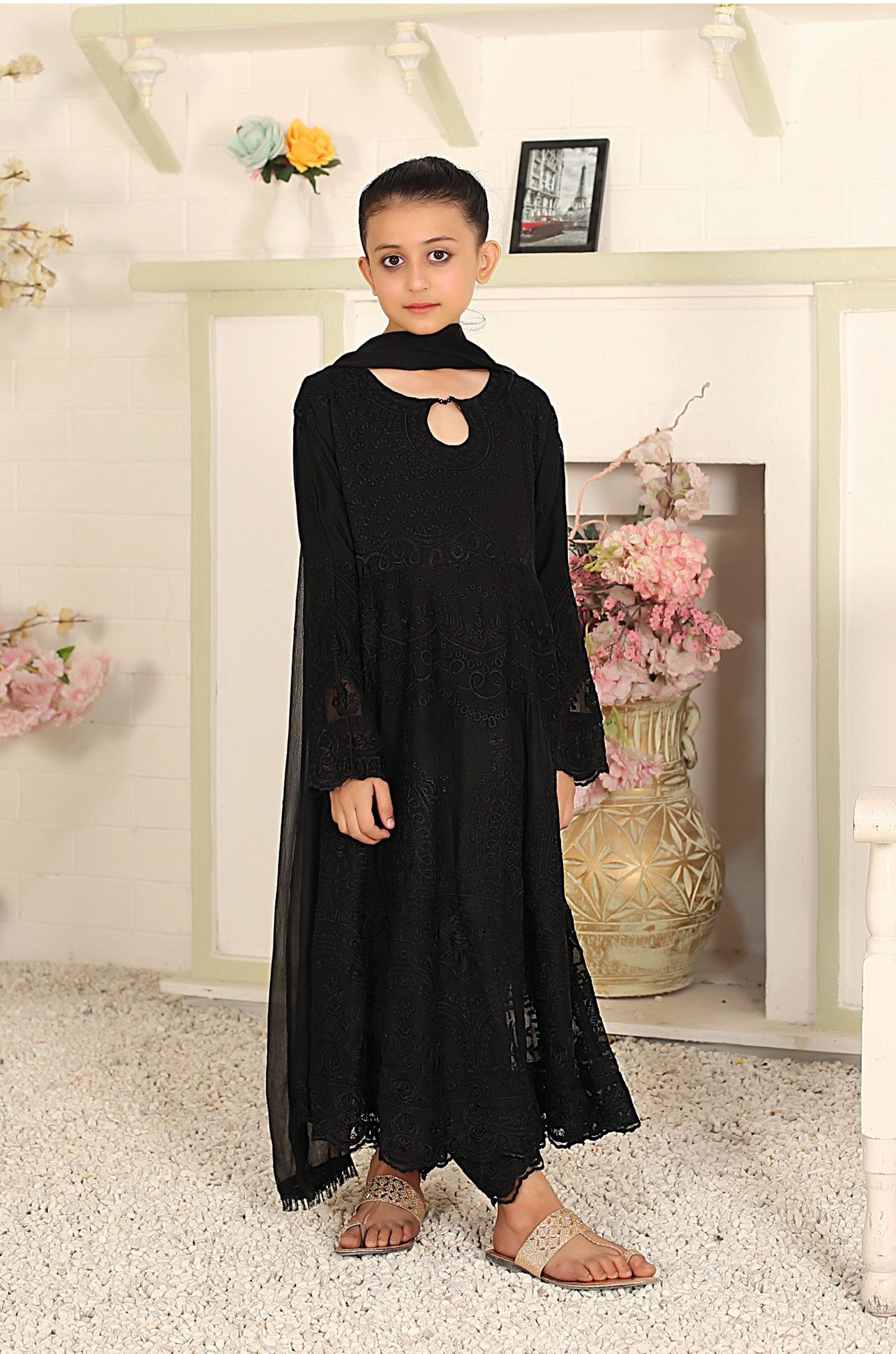 Mother & Daughter Ready to Wear Chiffon Maxi Dress Black D-306| Shop Pakistani Dresses