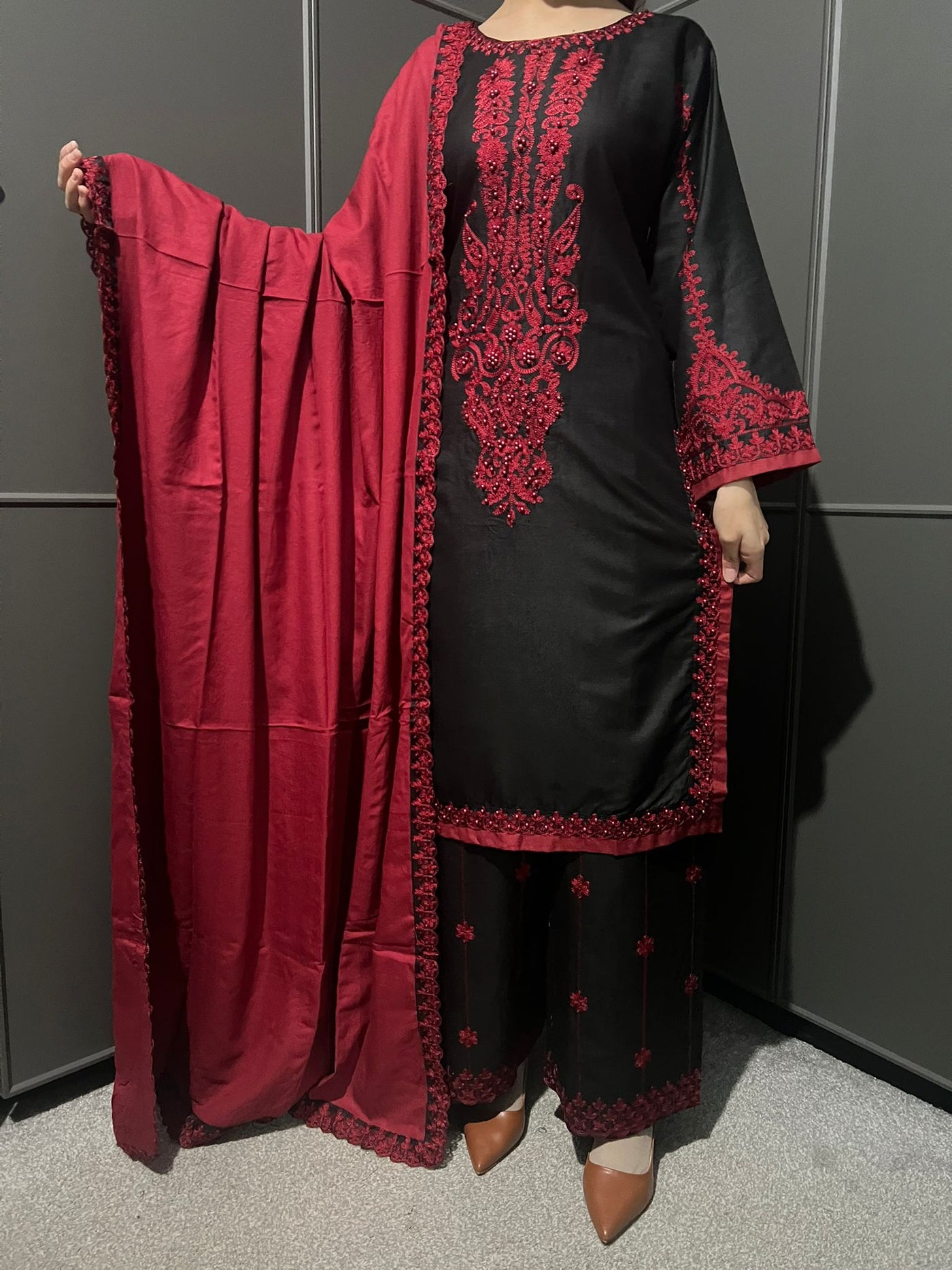 3 Pc Embroidered Dhanak Readymade Plazzo Suit with Winter shawl