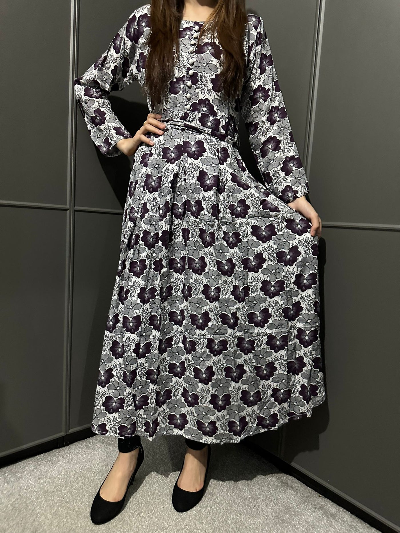 D-6 White&Plum Printed Long Dress in Linen Martial Fabric for Casual Wear - Womenswear