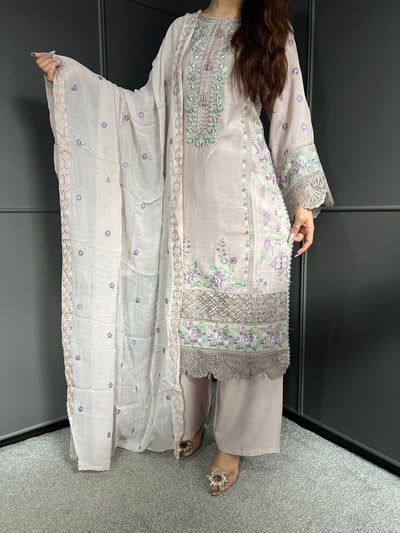 Pink Nude - Viscose Embroidered Plazzo | Suit With Embroidered | Chiffon Dupatta