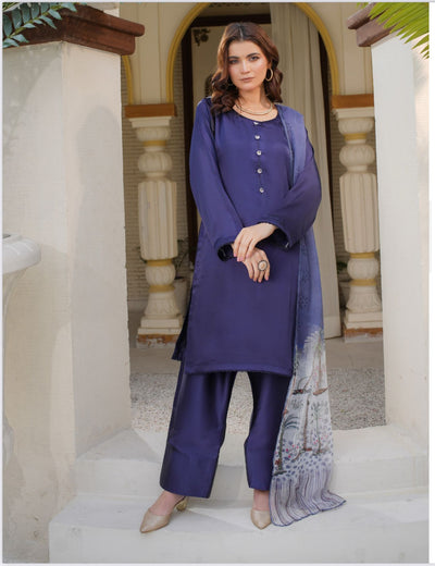 FARSHI SHALWAR Plain Silk 3 Piece Outfit With Printed Chiffon | Buy Pakistani Suits online from Mahham Collection | Image 1 of 4