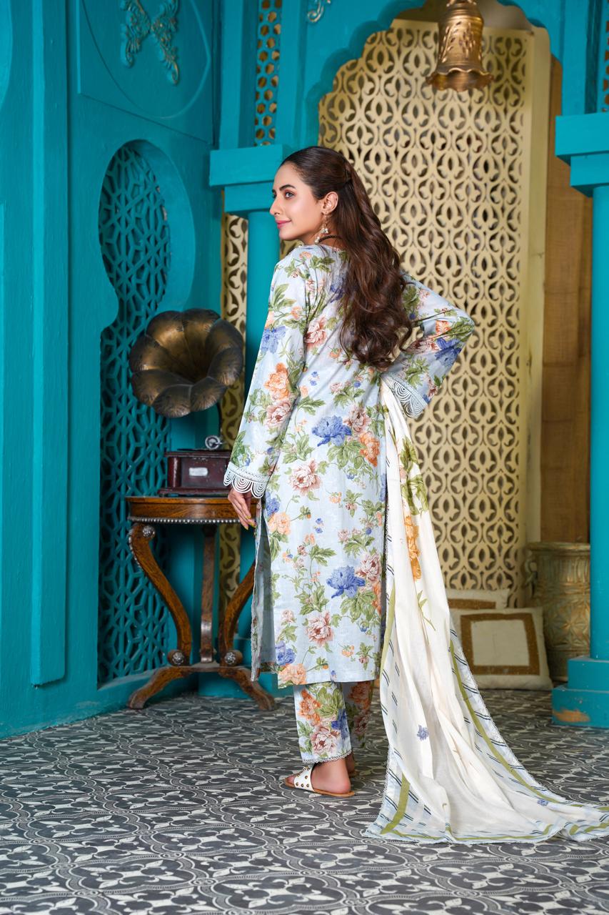 3 Pc Floral Printed Designer Lawn Suit With Lawn Dupatta  IJ-1