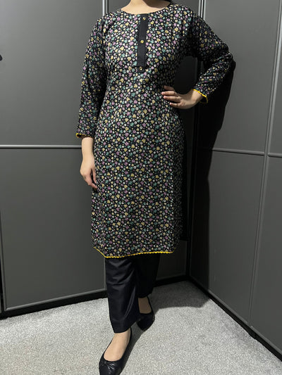 D-59 BLACK Printed 2 Piece Winter Dhanak Suit