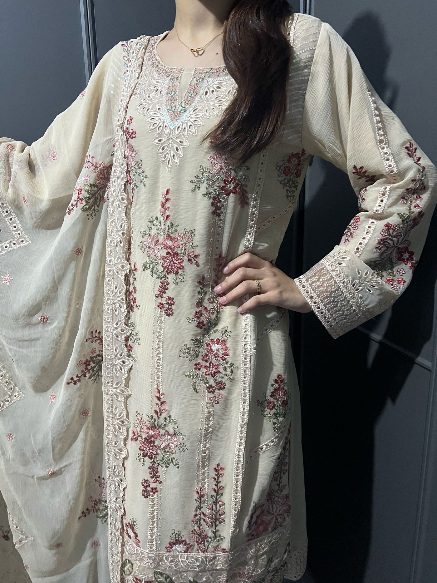 D-4 SKIN 3Pc Embroidered Chiffon Collection With Embroidered Chiffon Duptta