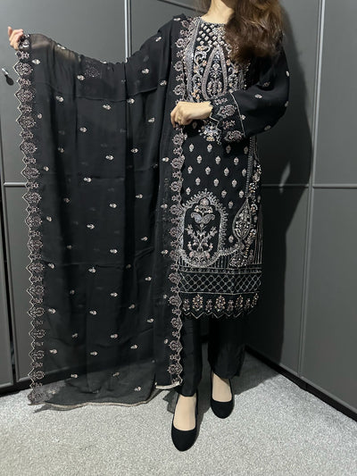 Black 3Pc Embroidered Chiffon Collection With Embroidered Chiffon Dupatta