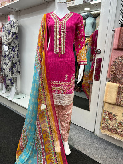 3Pc Lawn Designer Embroidered With Chiffon Dupatta D-774