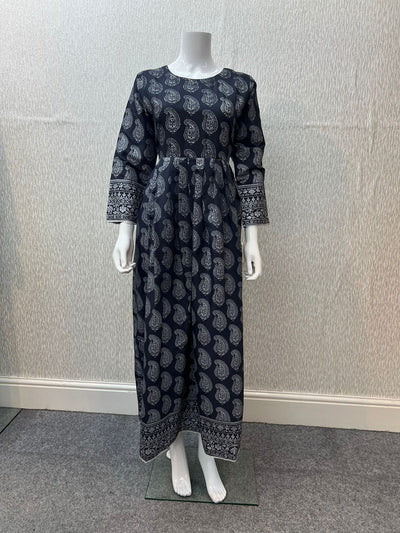 Block Print Linen Navy Maxi Dress