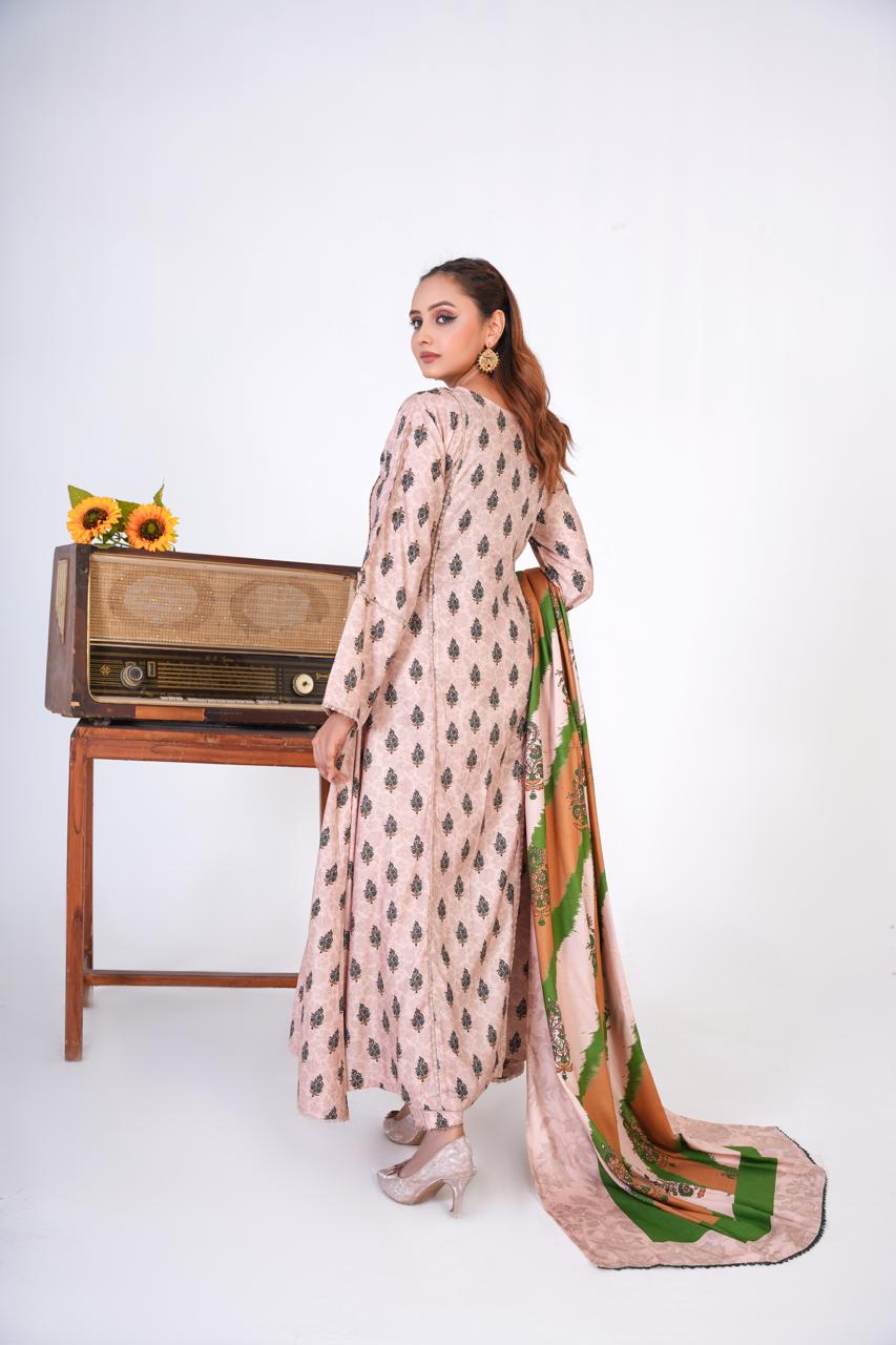 3 Pc Floral Printed Winter Linen Frock With Linen Dupatta D-305