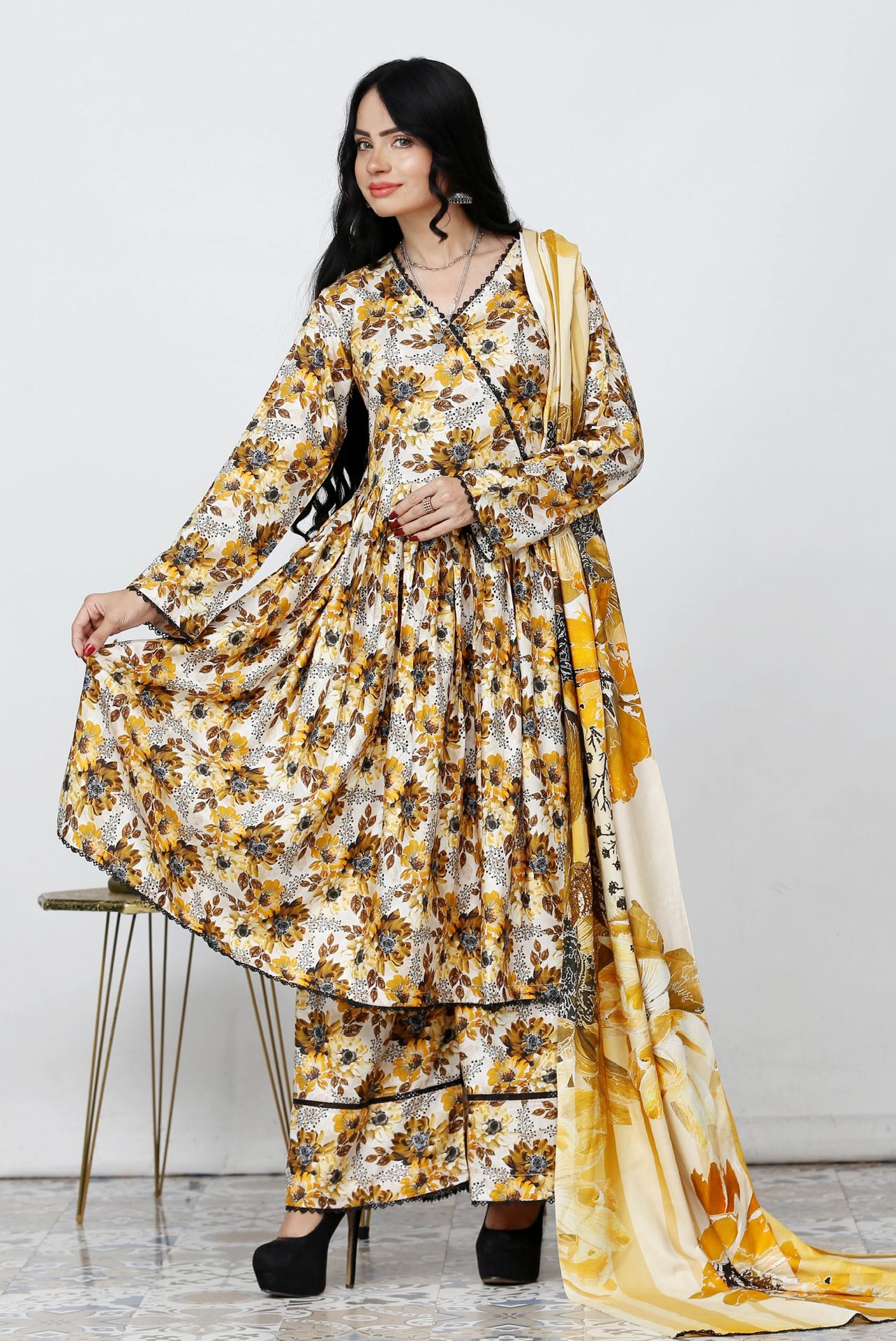 3 Pc Floral Printed Winter Linen Frock With Linen Dupatta D-704