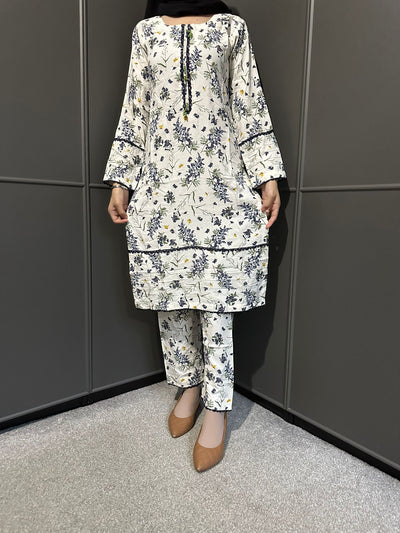 Floral Printed Stone Linen Suit - Trouser 2 Pc Set