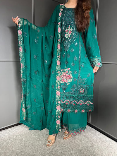 3Pc Plazzo Embroidered Chiffon Collection With Embroidered Chiffon Dupatta