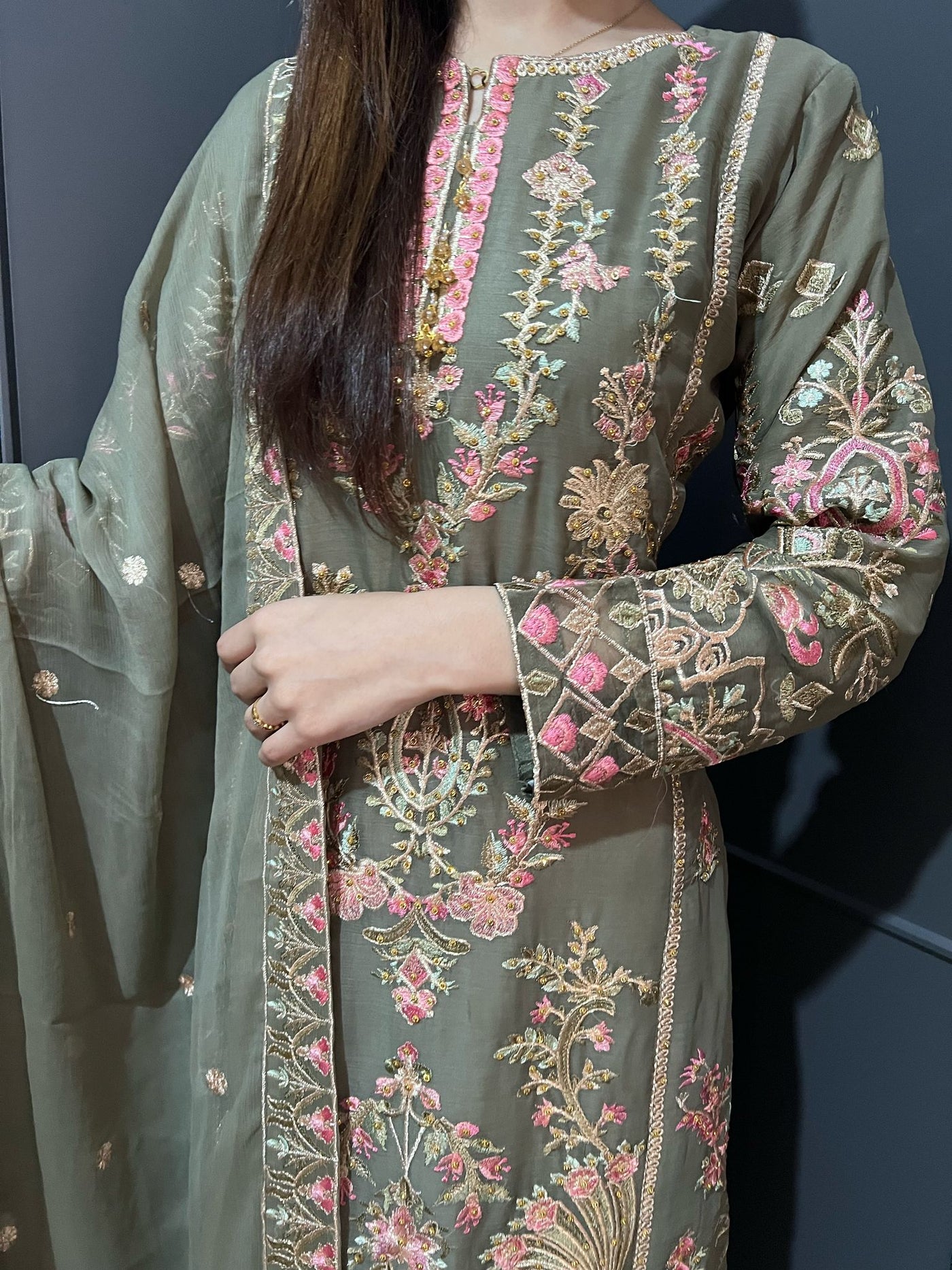 Olive Embroidered Chiffon Mother & Daughter Ready to Wear Collection - Perfect for Family Outfits