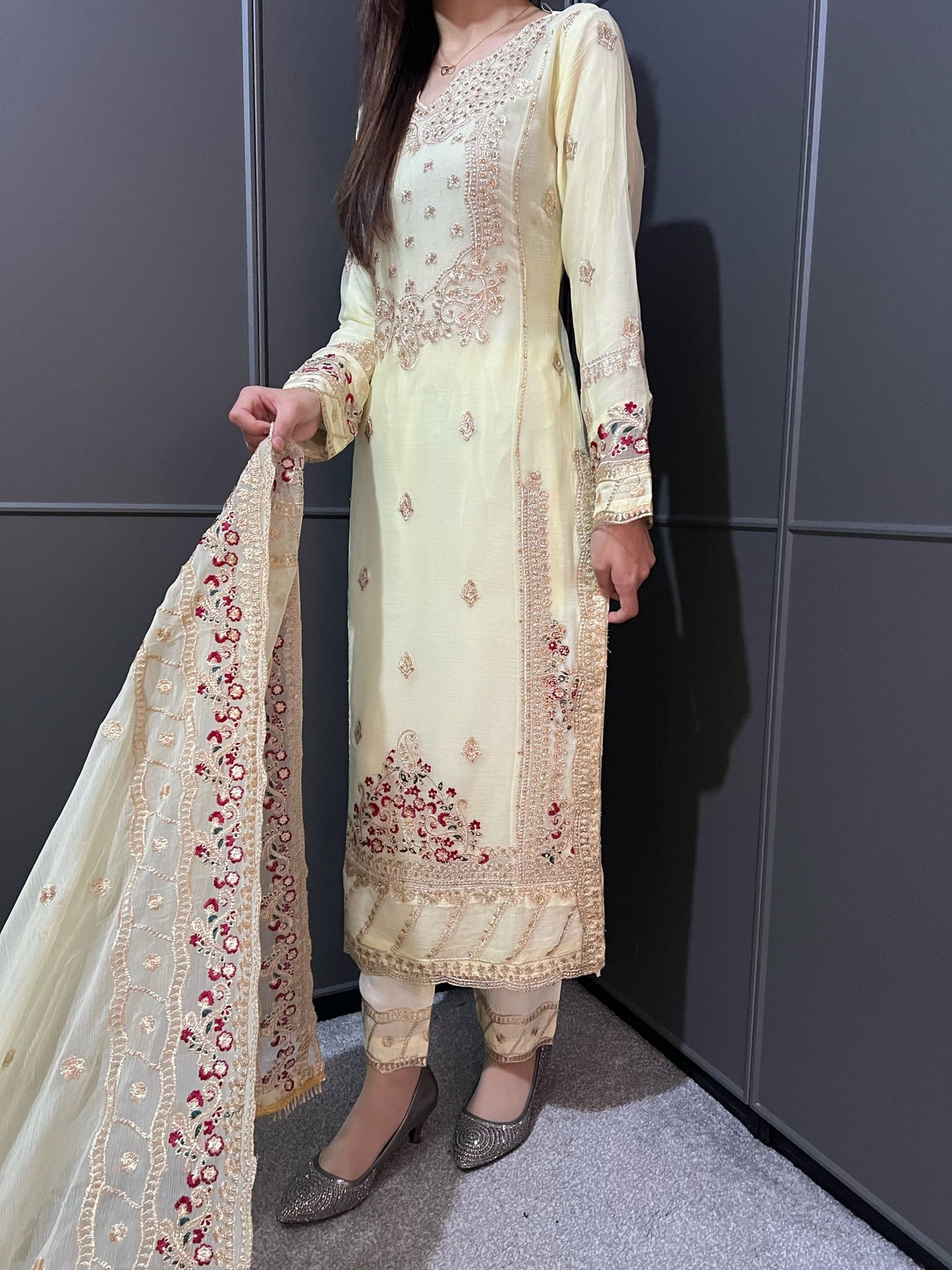 Yellow Embroidered Chiffon Mother & Daughter Ready to Wear Collection - Perfect for Family Outfits