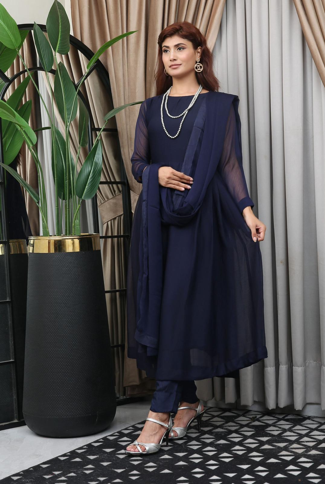 Blue Readymade 3 Piece Plain Chiffon Maxi TS-820