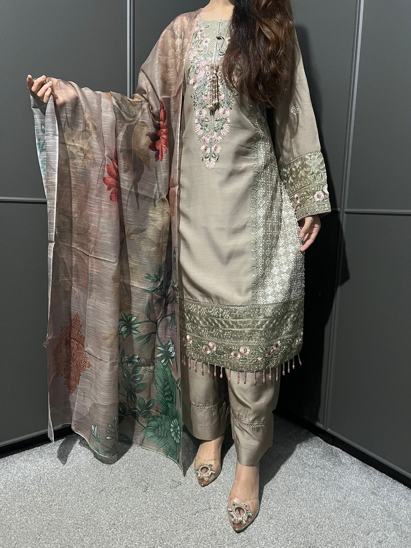 Beige - Viscose Embroidered Plazzo | Suit With Embroidered | Organza Dupatta
