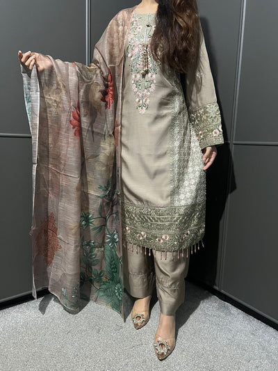 Beige - Viscose Embroidered Plazzo | Suit With Embroidered | Organza Dupatta