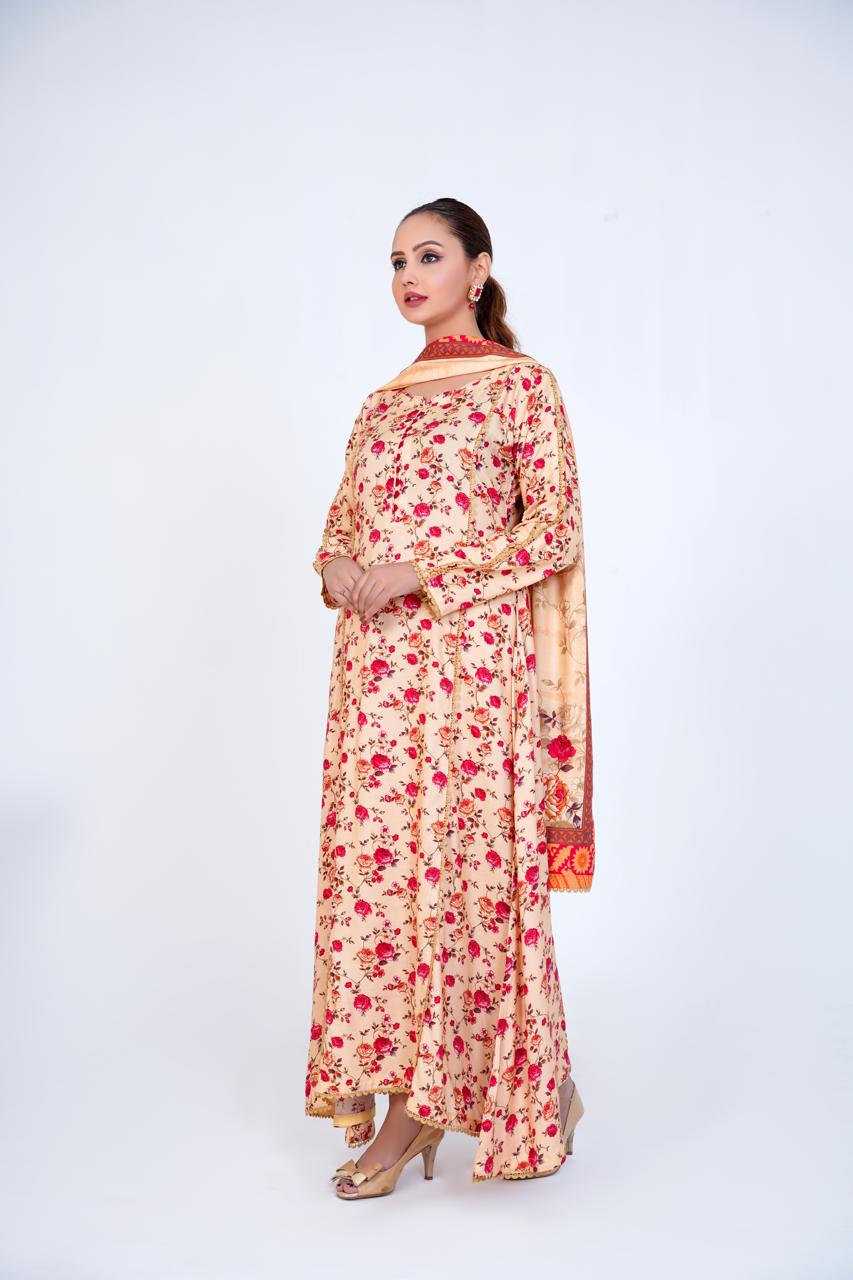 3 Pc Floral Printed Winter Linen Frock With Linen Dupatta D-309