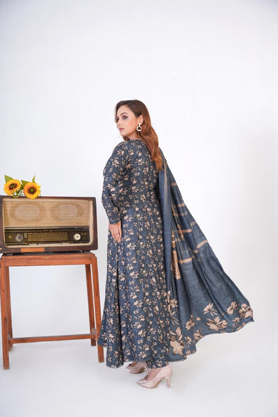 3 Pc Floral Printed Winter Linen Frock With Linen Dupatta D-604