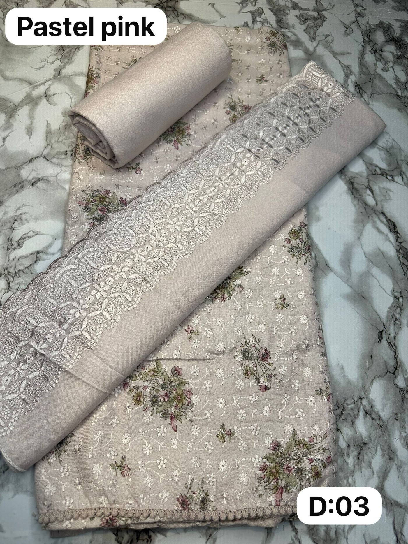 D03 Pastel Pink Winter Embroidered Unstitched Alpine Suit