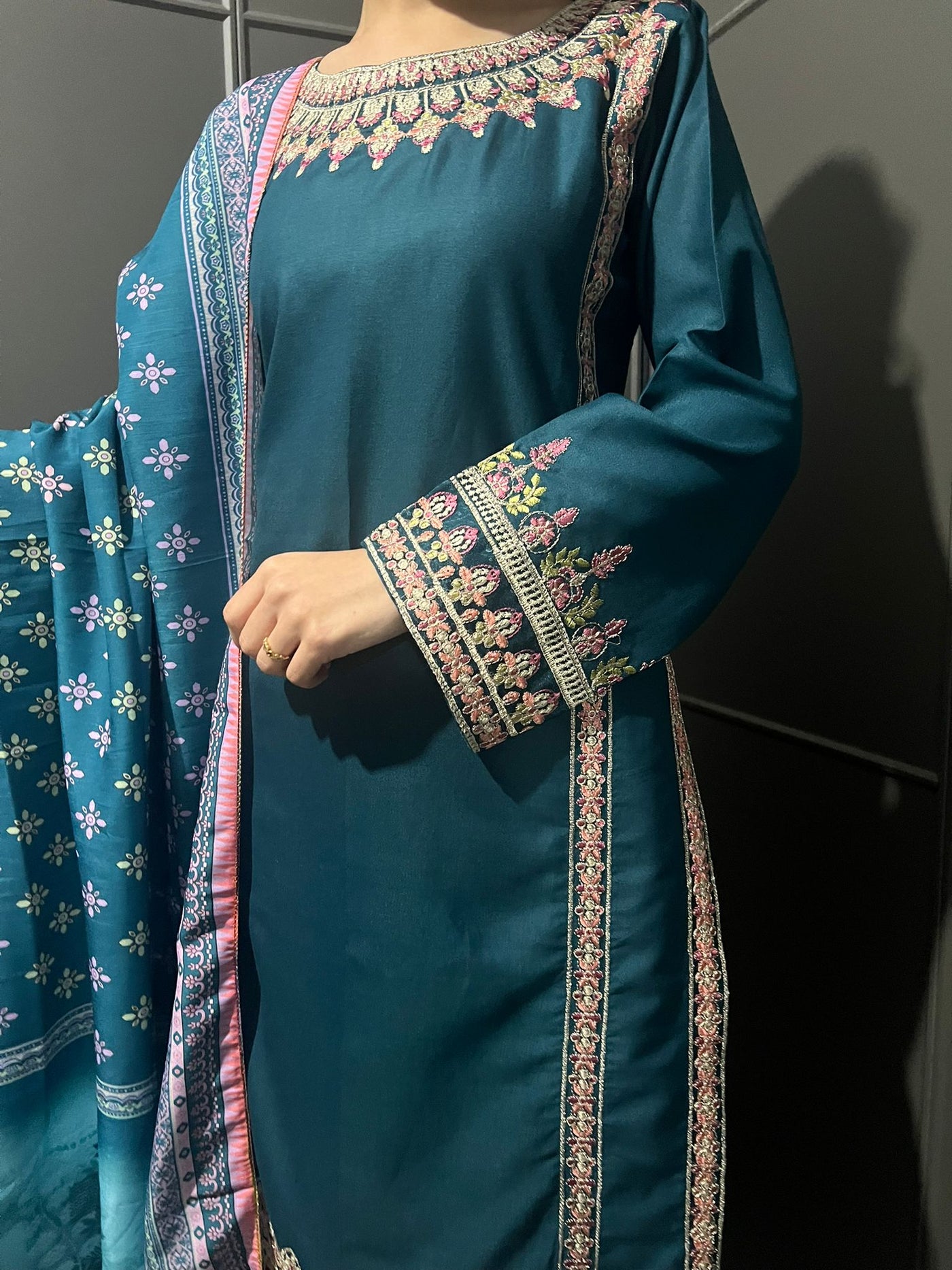 3 Pc Embroidered Dhanak Readymade Plazzo Suit with Winter shawl