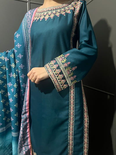 3 Pc Embroidered Dhanak Readymade Plazzo Suit with Winter shawl