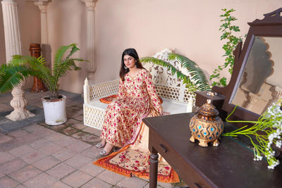 3 Pc Floral Printed Winter Linen Frock With Linen Dupatta D-209