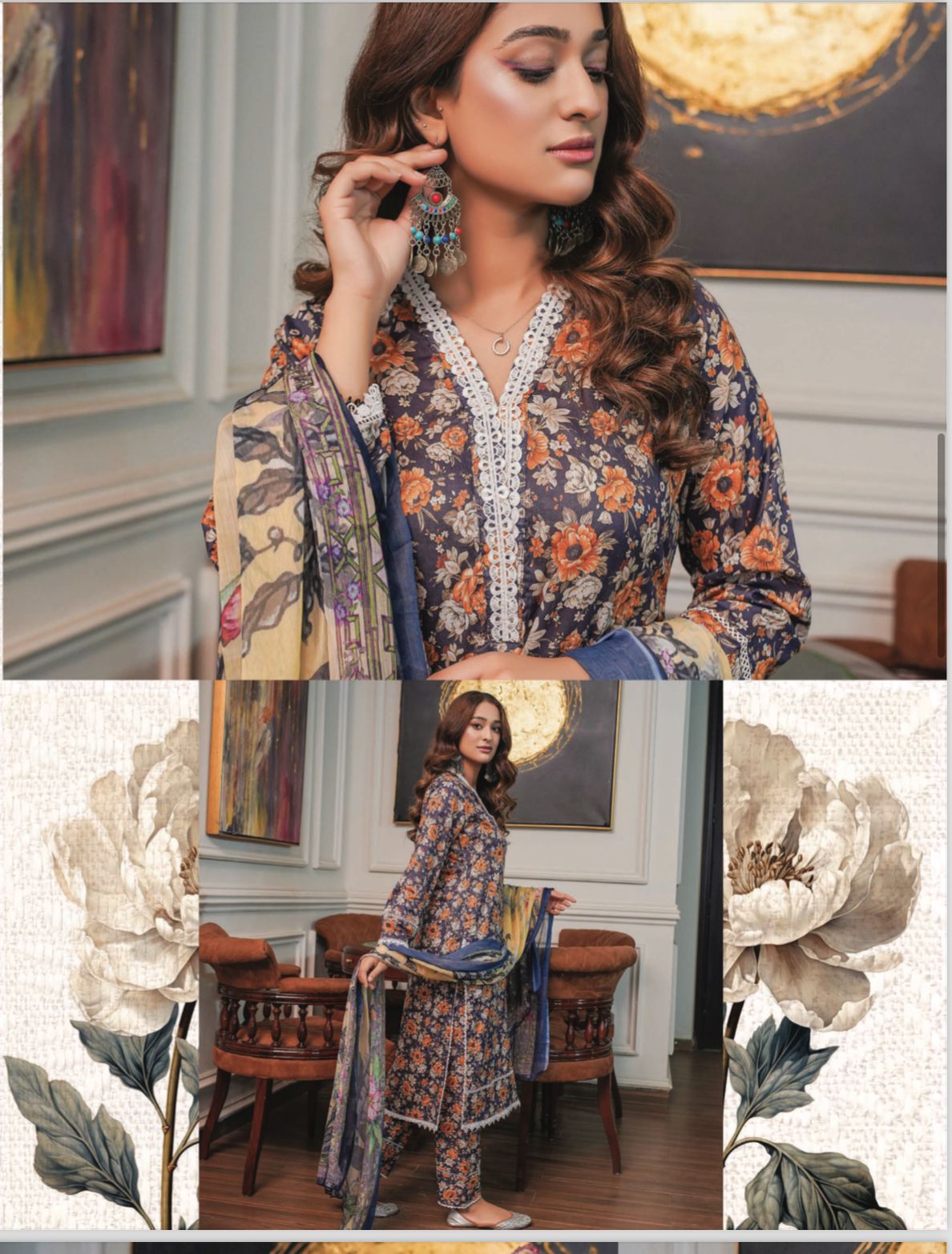 3 Pc Floral Printed Lawn Suit With Printed Chiffon Dupatta D-3