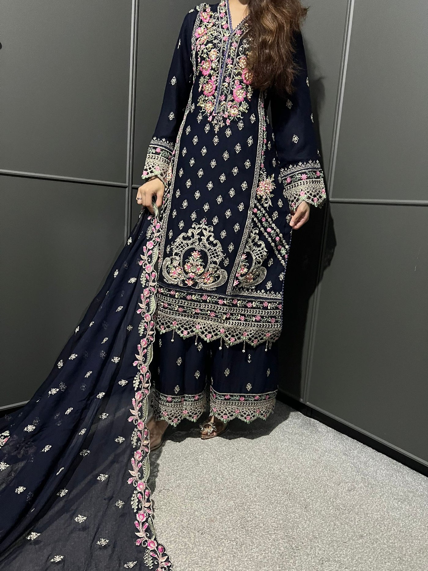 Blue 3Pc Plazzo Embroidered Chiffon Collection With Embroidered Chiffon Dupatta