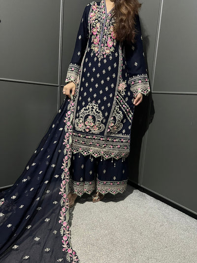Blue 3Pc Plazzo Embroidered Chiffon Collection With Embroidered Chiffon Dupatta