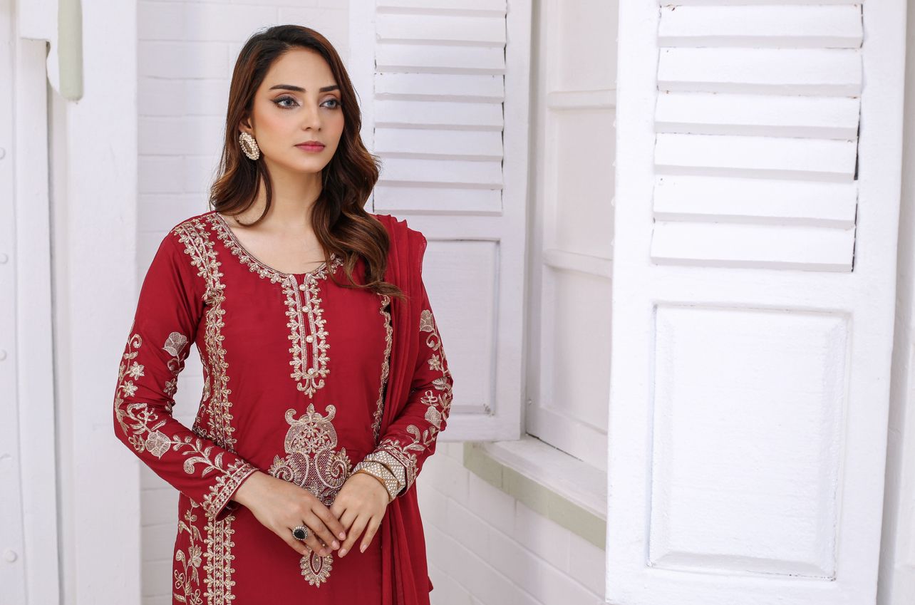 Embroidered Readymade Linen Mother & Daughter Suit Maroon TS-212 | Shop Pakistani Dresses