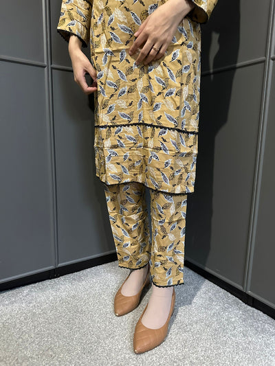 Floral Printed Stone Linen Suit - Trouser 2 Pc Set