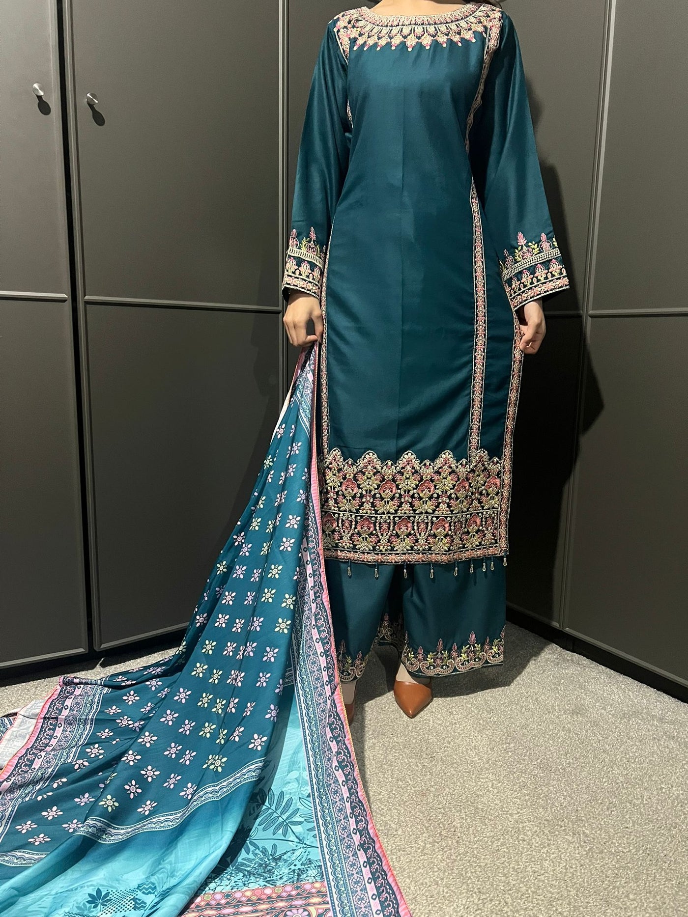 3 Pc Embroidered Dhanak Readymade Plazzo Suit with Winter shawl