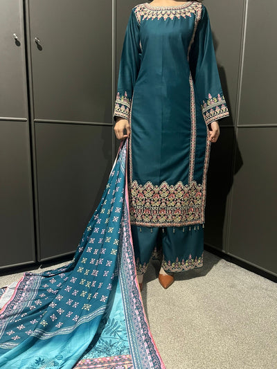 3 Pc Embroidered Dhanak Readymade Plazzo Suit with Winter shawl