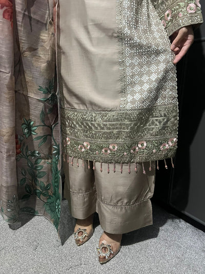 Beige - Viscose Embroidered Plazzo | Suit With Embroidered | Organza Dupatta