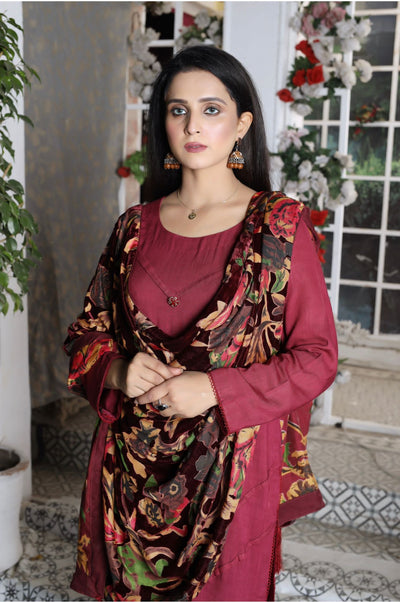 Maroon- 3 Piece Marina Suit With Velvet Palachi Shawl