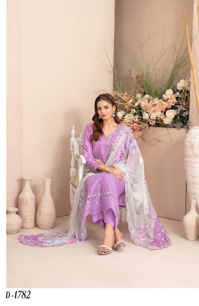 D-1782- Ferisha 3 Piece Semi-Stitched Collection By Tawakkal Fabrics
