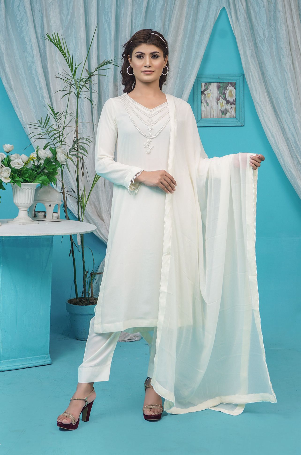 Mahham Luxury Chiffon Georgette Collection Off White  D-25