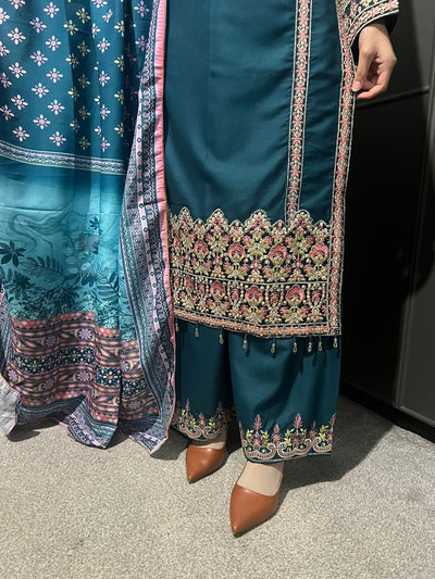 3 Pc Embroidered Dhanak Readymade Plazzo Suit with Winter shawl